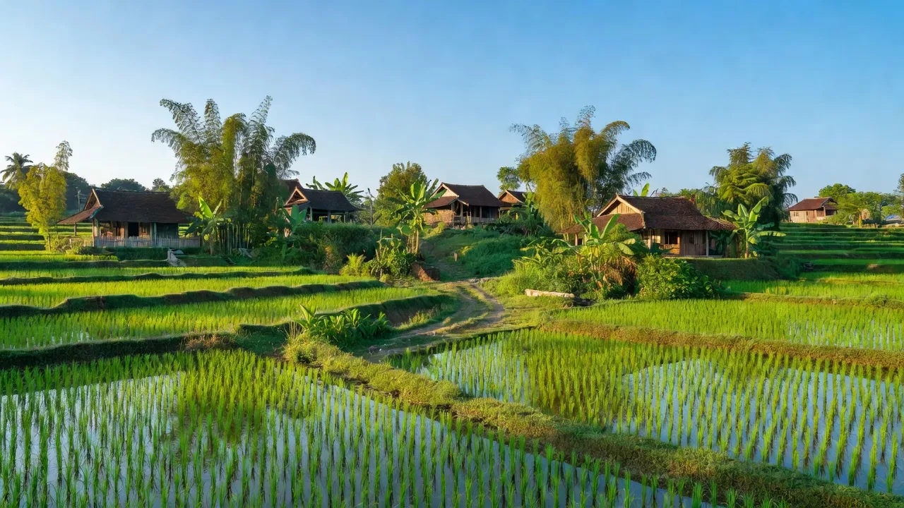 Phong cảnh yên bình xã Quảng Tiến, huyện Quảng Trạch, tỉnh Quảng Bình, với cánh đồng và nhà truyền thống.