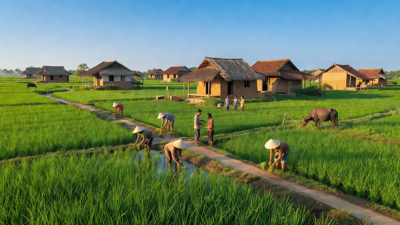 Khung cảnh xã Quảng Tùng, huyện Quảng Trạch, tỉnh Quảng Bình với cánh đồng xanh tươi và nhà truyền thống.
