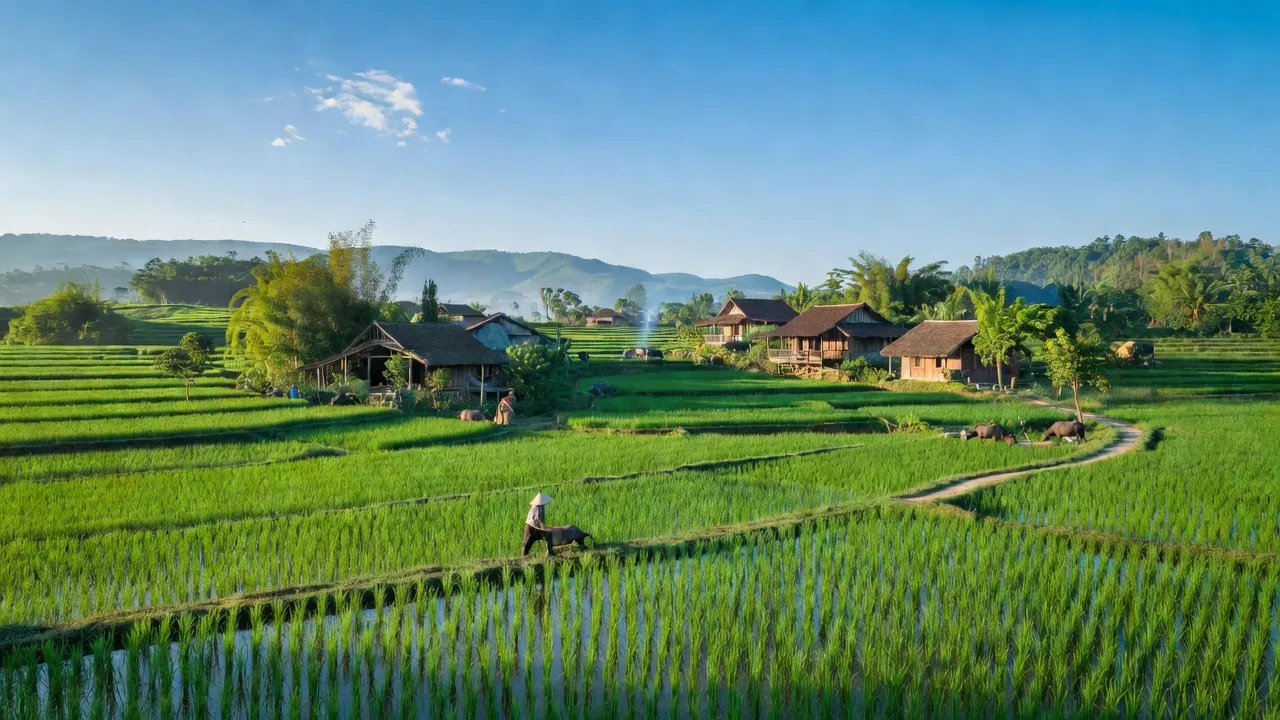 Quảng Xuân in Quảng Trạch, Quảng Bình, depicting lush rice fields and traditional houses under a blue sky.