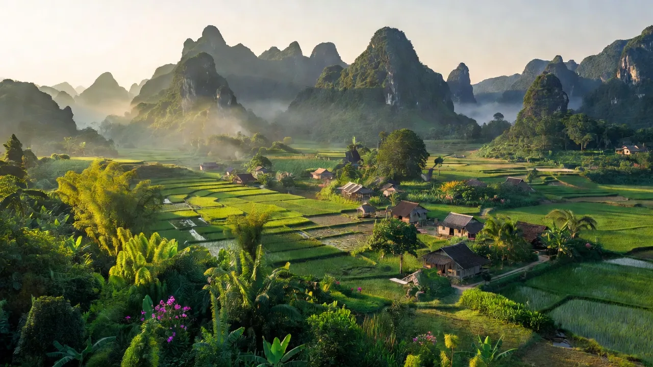 Khung cảnh huyện Tuyên Hóa, tỉnh Quảng Bình với đồi núi, thảm thực vật xanh tươi và làng quê.