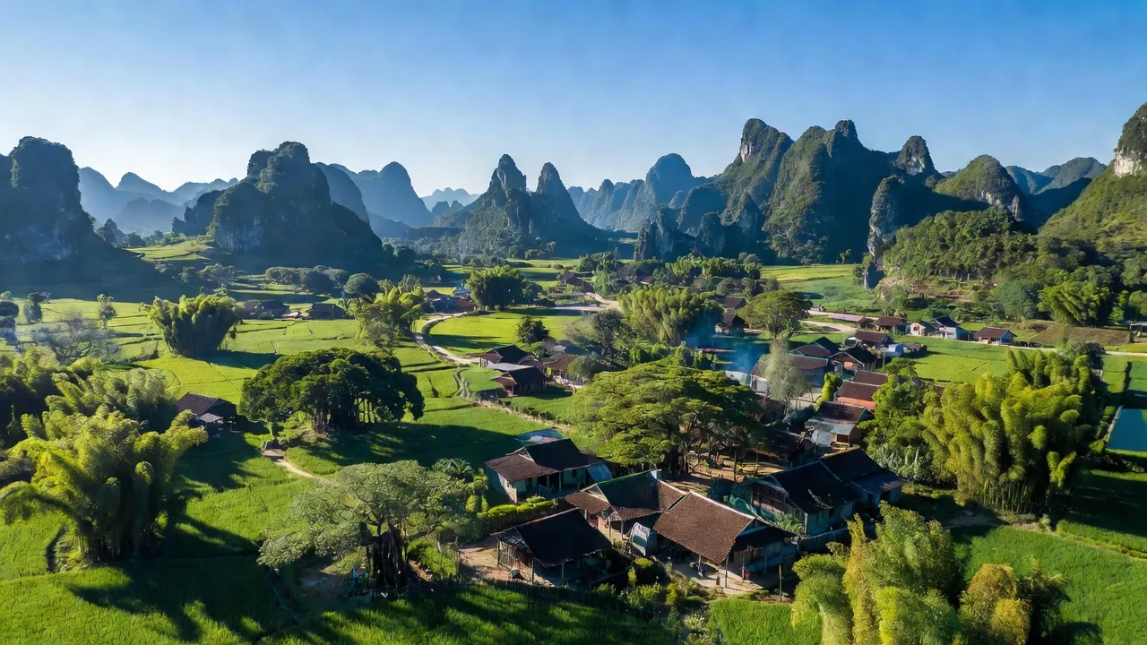 Quang cảnh huyện Tuyên Hóa, Quảng Bình với đồi núi hùng vĩ và làng quê truyền thống.