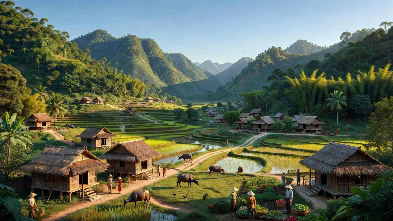 Cảnh quan xã Cao Quảng, huyện Tuyên Hóa, tỉnh Quảng Bình với đồi núi và nhà truyền thống.