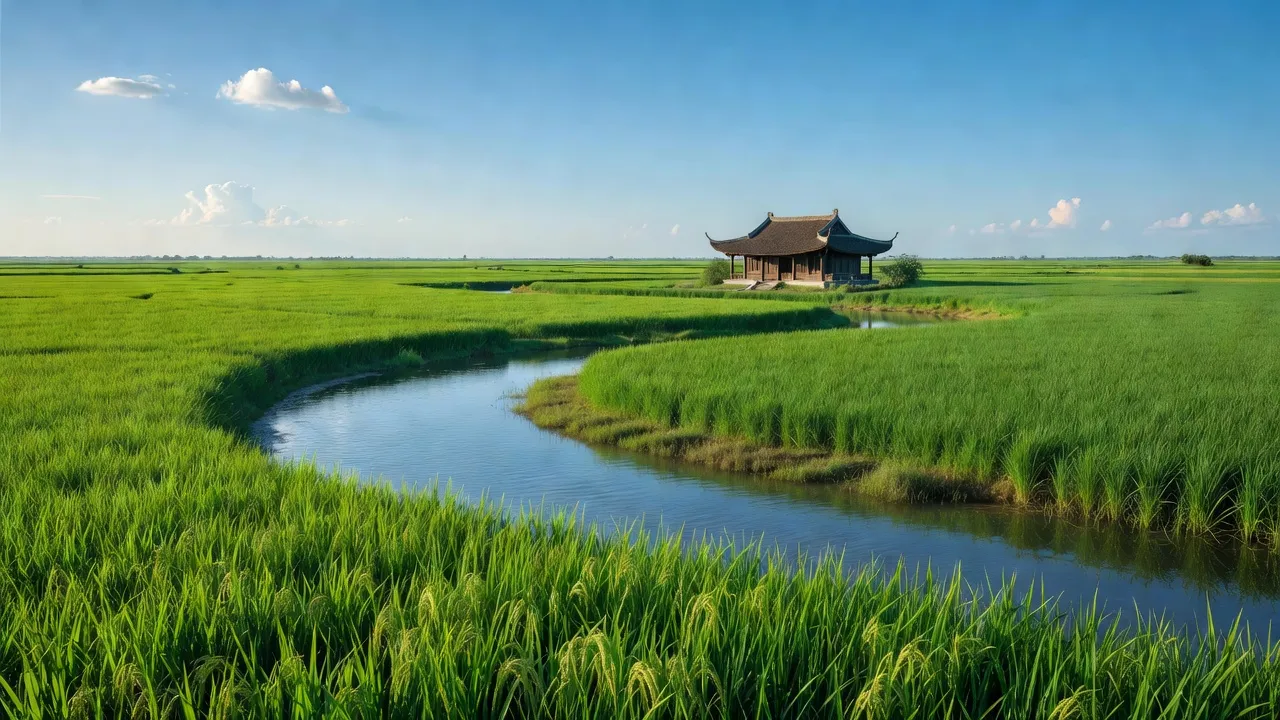Cảnh quan xã Châu Hóa, huyện Tuyên Hóa, tỉnh Quảng Bình, với cánh đồng và dòng sông Gianh.