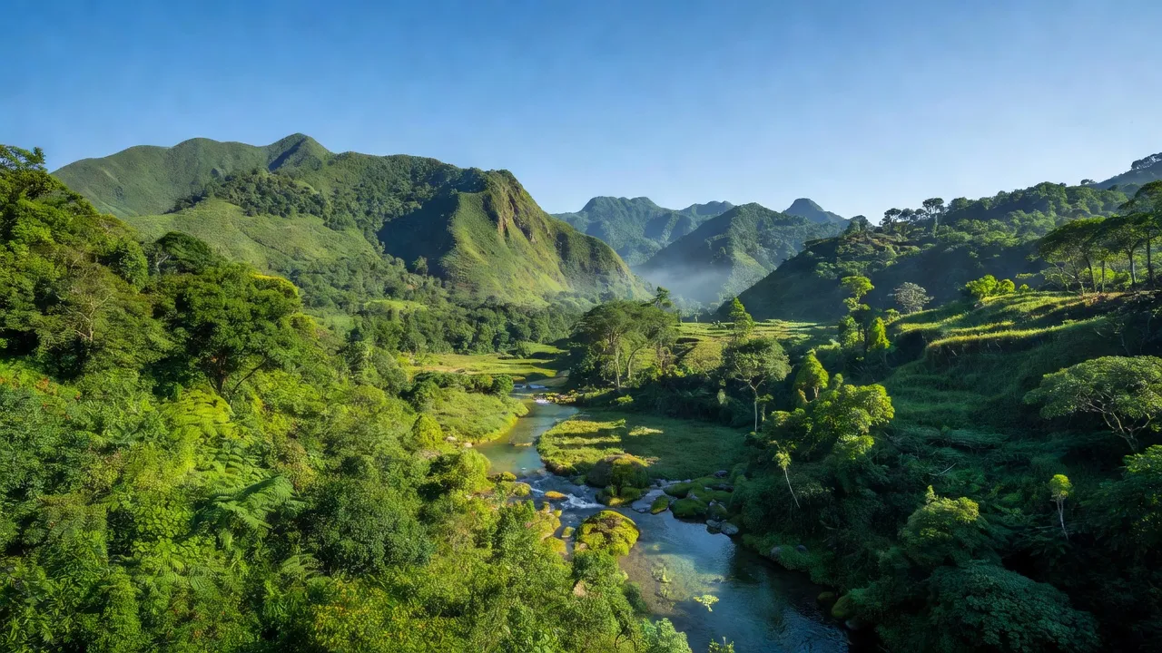 Khung cảnh yên bình ở xã Đồng Hóa, huyện Tuyên Hóa, tỉnh Quảng Bình, với núi non và sông suối xanh mát.