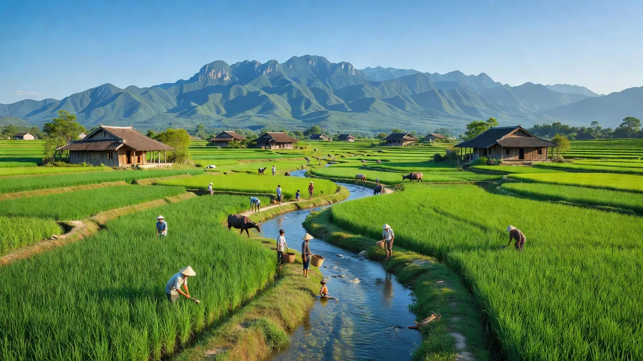 Quang cảnh xã Đồng Hóa, Tuyên Hóa, Quảng Bình với núi rừng và dòng suối trong xanh.