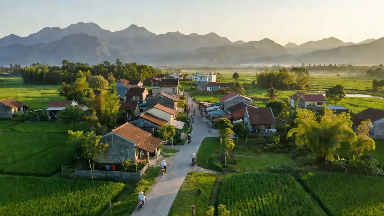 Thị trấn Đồng Lê, huyện Tuyên Hóa, tỉnh Quảng Bình với khung cảnh xanh tươi và núi non hùng vĩ.