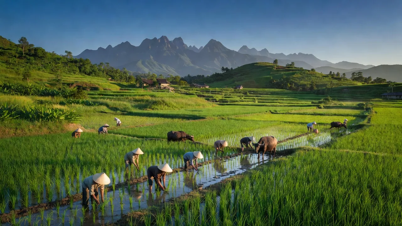 Cảnh đẹp xã Đức Hóa, huyện Tuyên Hóa, tỉnh Quảng Bình với cánh đồng xanh và dãy núi hùng vĩ.