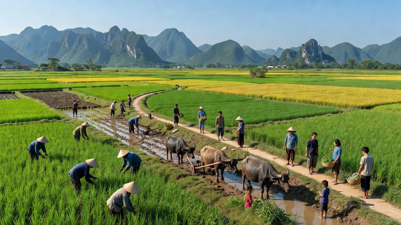 Cảnh đẹp xã Đức Hóa, huyện Tuyên Hóa, tỉnh Quảng Bình với cánh đồng xanh và núi non