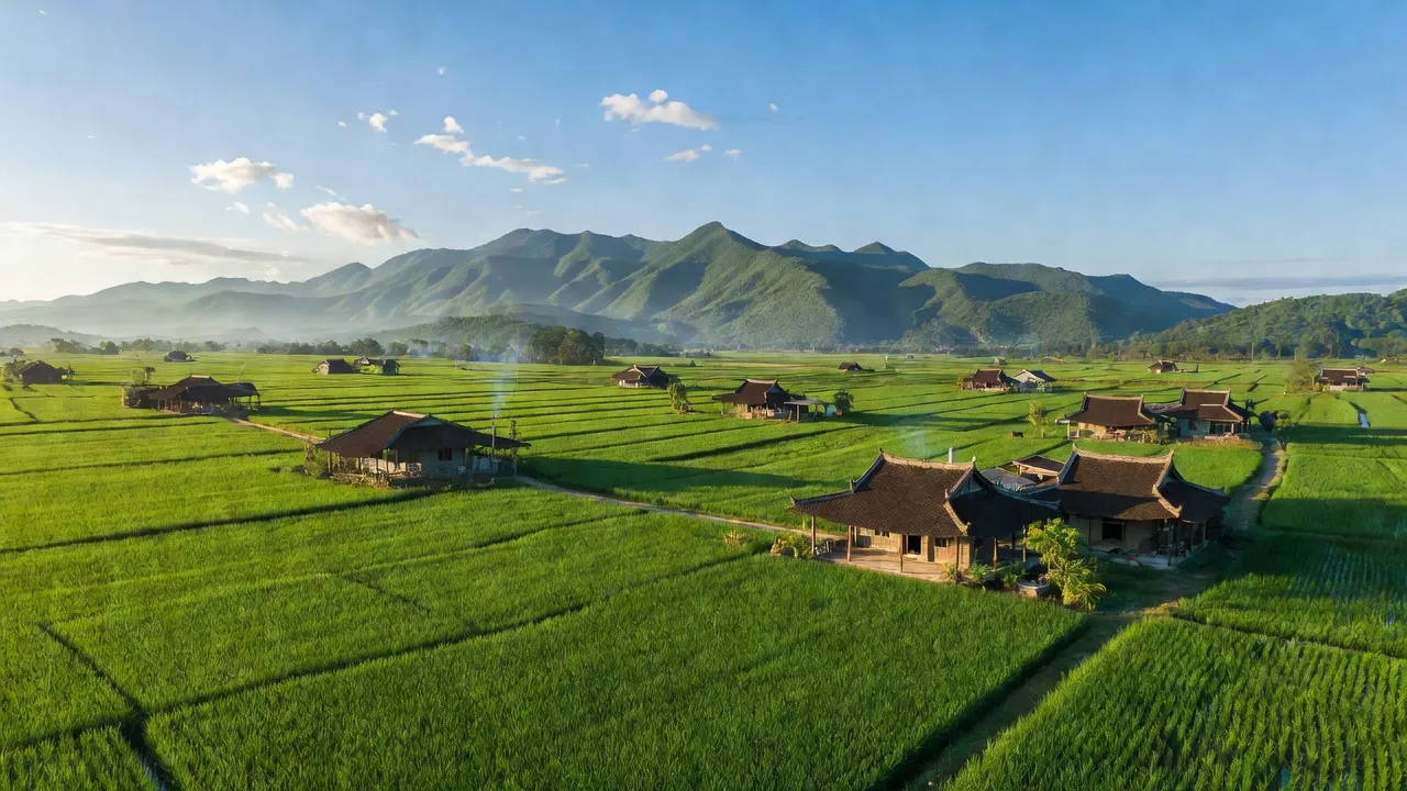 Cảnh đẹp xã Hương Hóa, huyện Tuyên Hóa, Quảng Bình với cánh đồng xanh tươi và đồi núi.