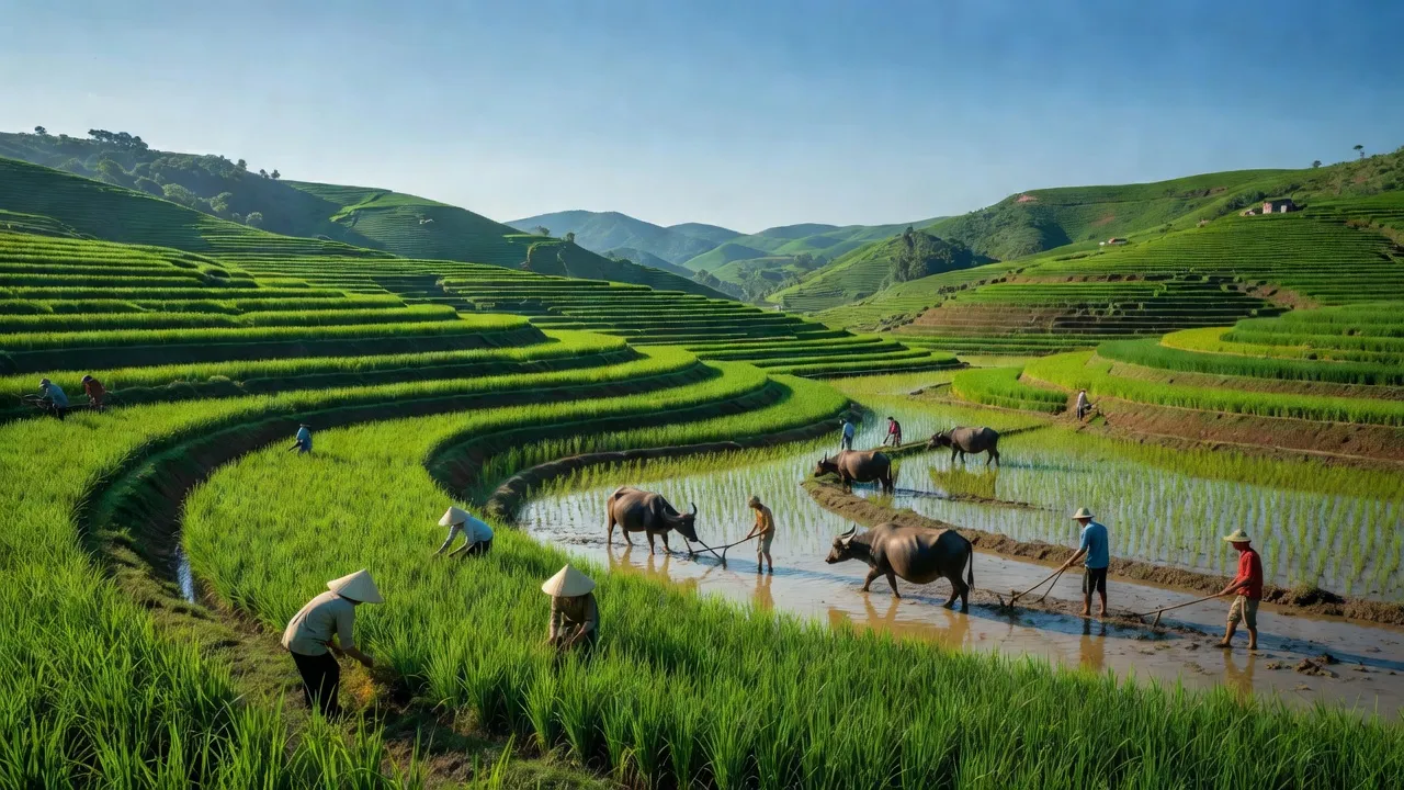 Cảnh đẹp làng quê xã Kim Hóa, Tuyên Hóa, Quảng Bình với cánh đồng và đồi núi.