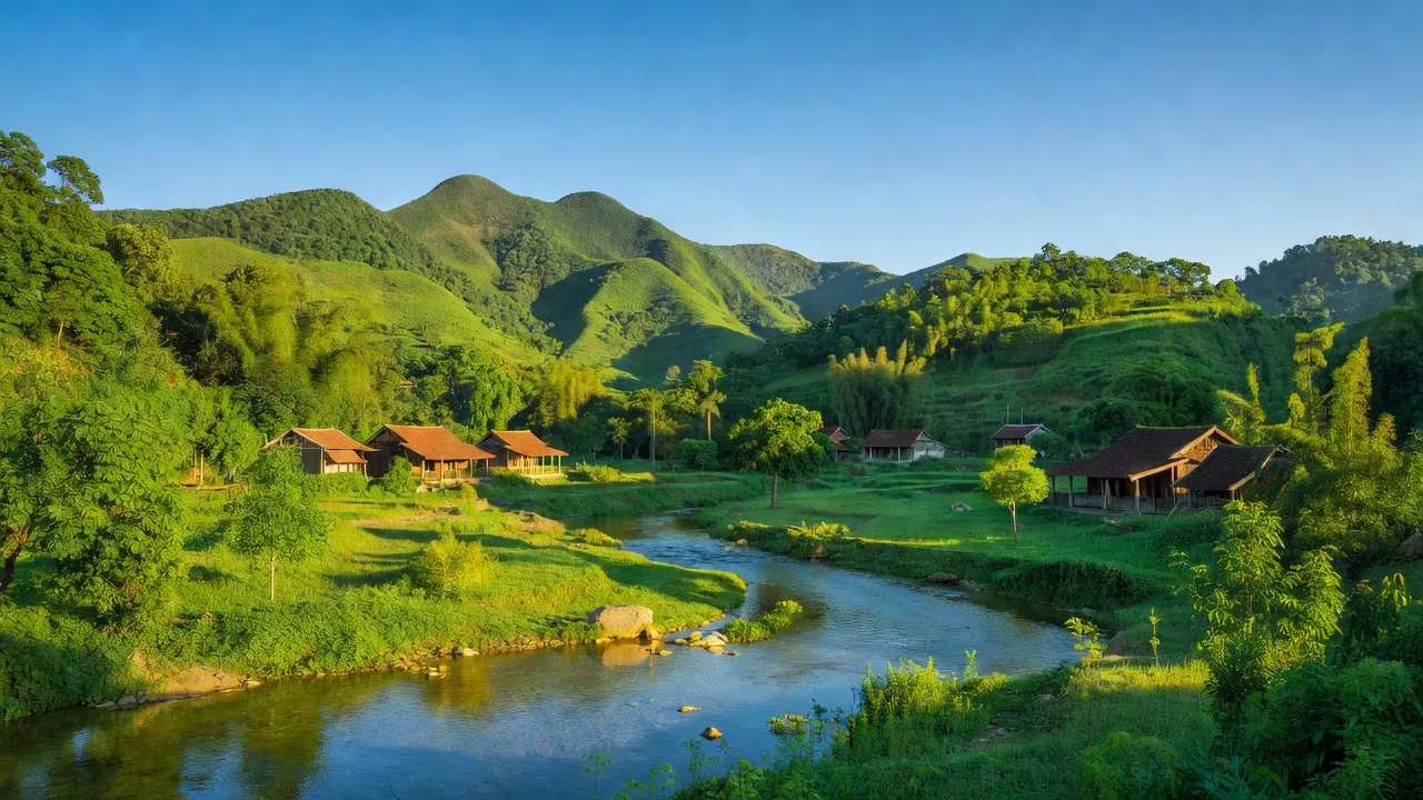 Khung cảnh yên bình ở xã Lâm Hóa, Tuyên Hóa, Quảng Bình với núi rừng và dòng sông xanh.