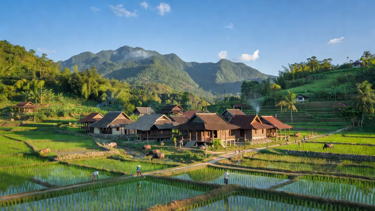 Cảnh quan Xã Lê Hóa, huyện Tuyên Hóa, Quảng Bình với núi xanh, nhà truyền thống, và bầu trời trong.