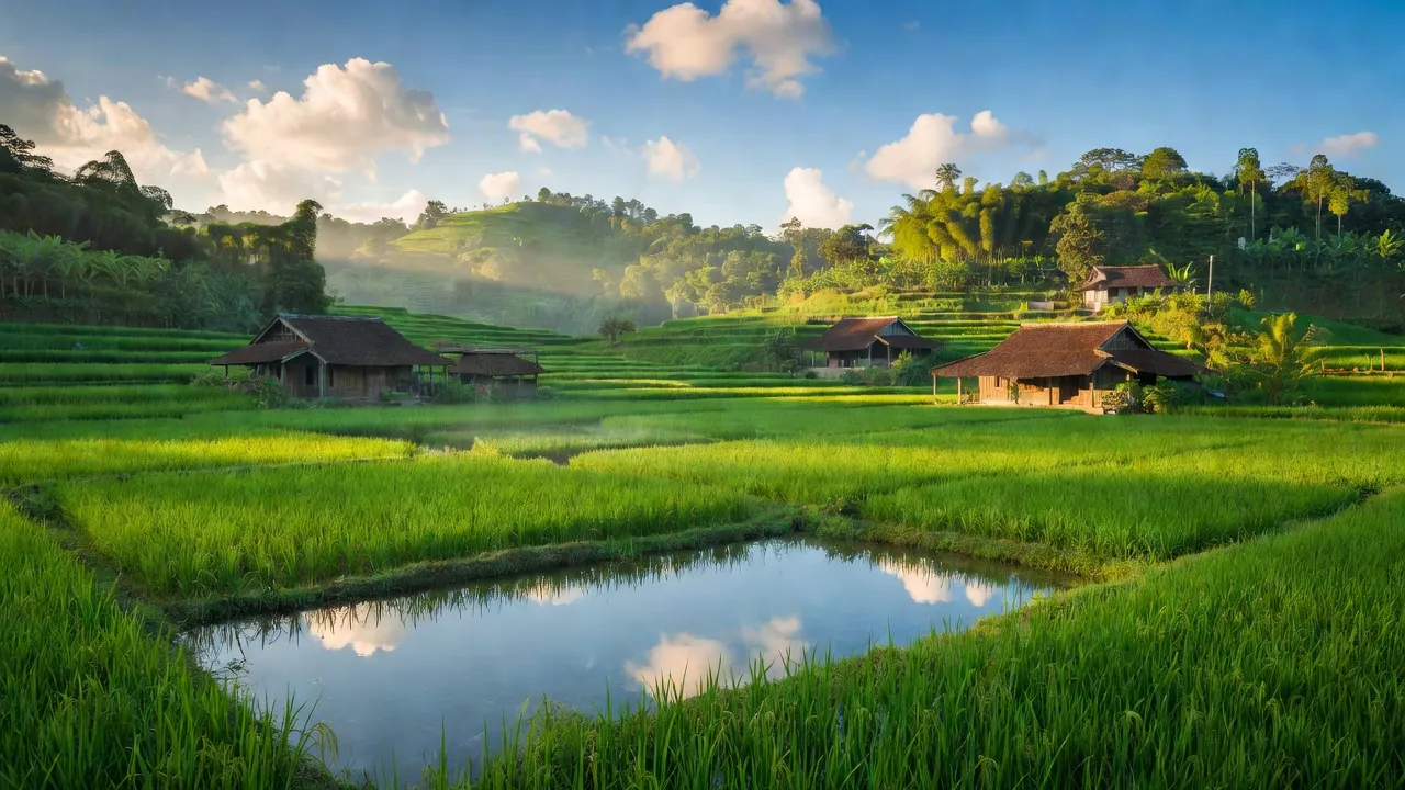Cảnh đồng ruộng yên bình xã Mai Hóa, huyện Tuyên Hóa, tỉnh Quảng Bình với bầu trời xanh.