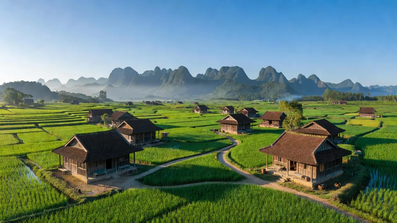 Cảnh đồng xanh Thạch Hóa, Tuyên Hóa, Quảng Bình với nhà truyền thống và núi xa.