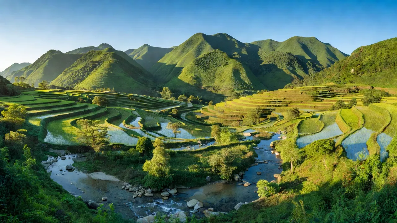 Cảnh núi non xanh tươi tại xã Thanh Hóa, huyện Tuyên Hóa, tỉnh Quảng Bình với suối và ruộng bậc thang.