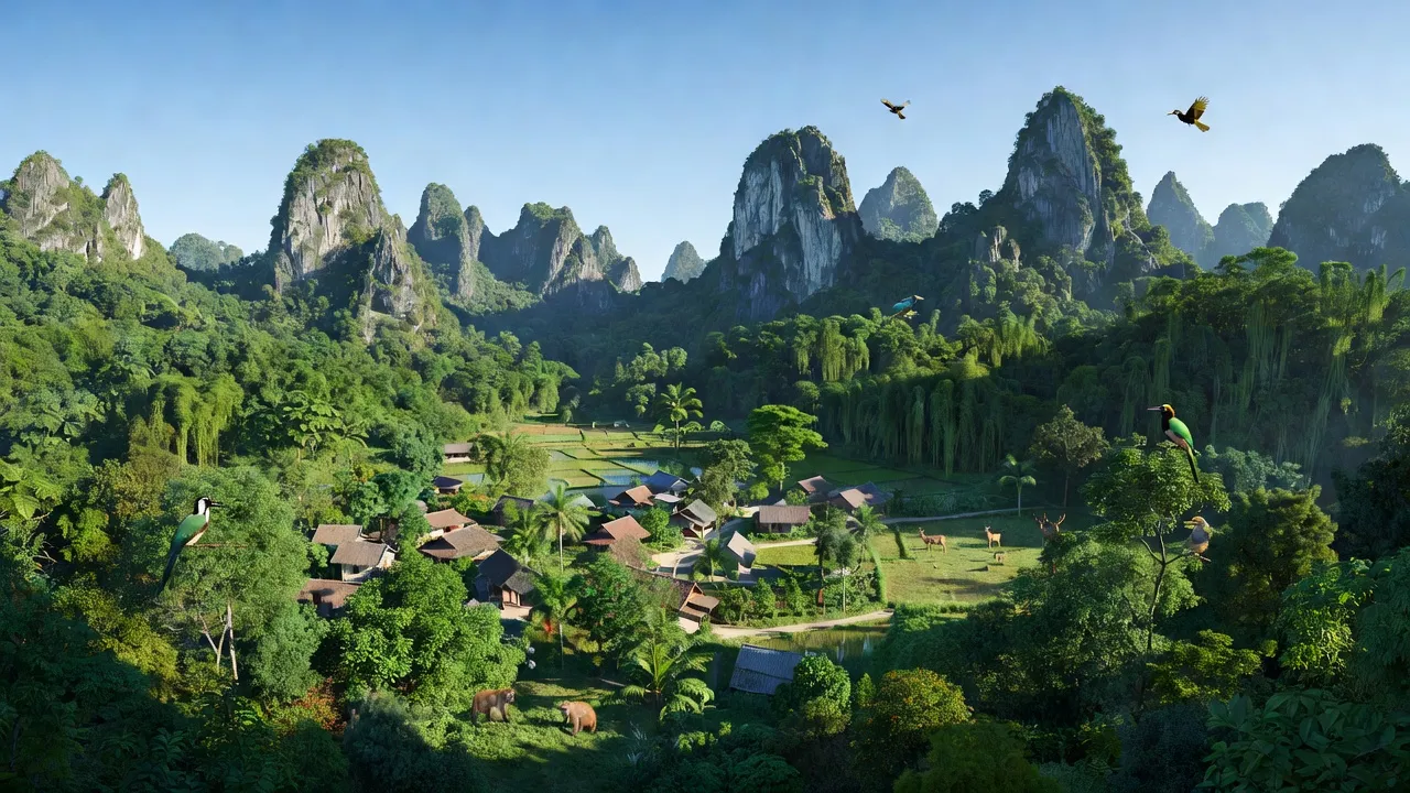 Khung cảnh yên bình xã Thanh Thạch, huyện Tuyên Hóa với núi đá vôi và rừng xanh.