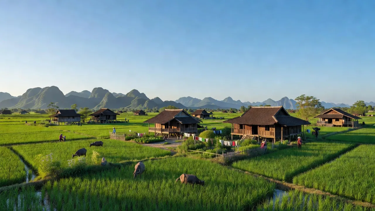 Khung cảnh Xã Thuận Hóa, huyện Tuyên Hóa, Quảng Bình với đồng xanh và nhà truyền thống.
