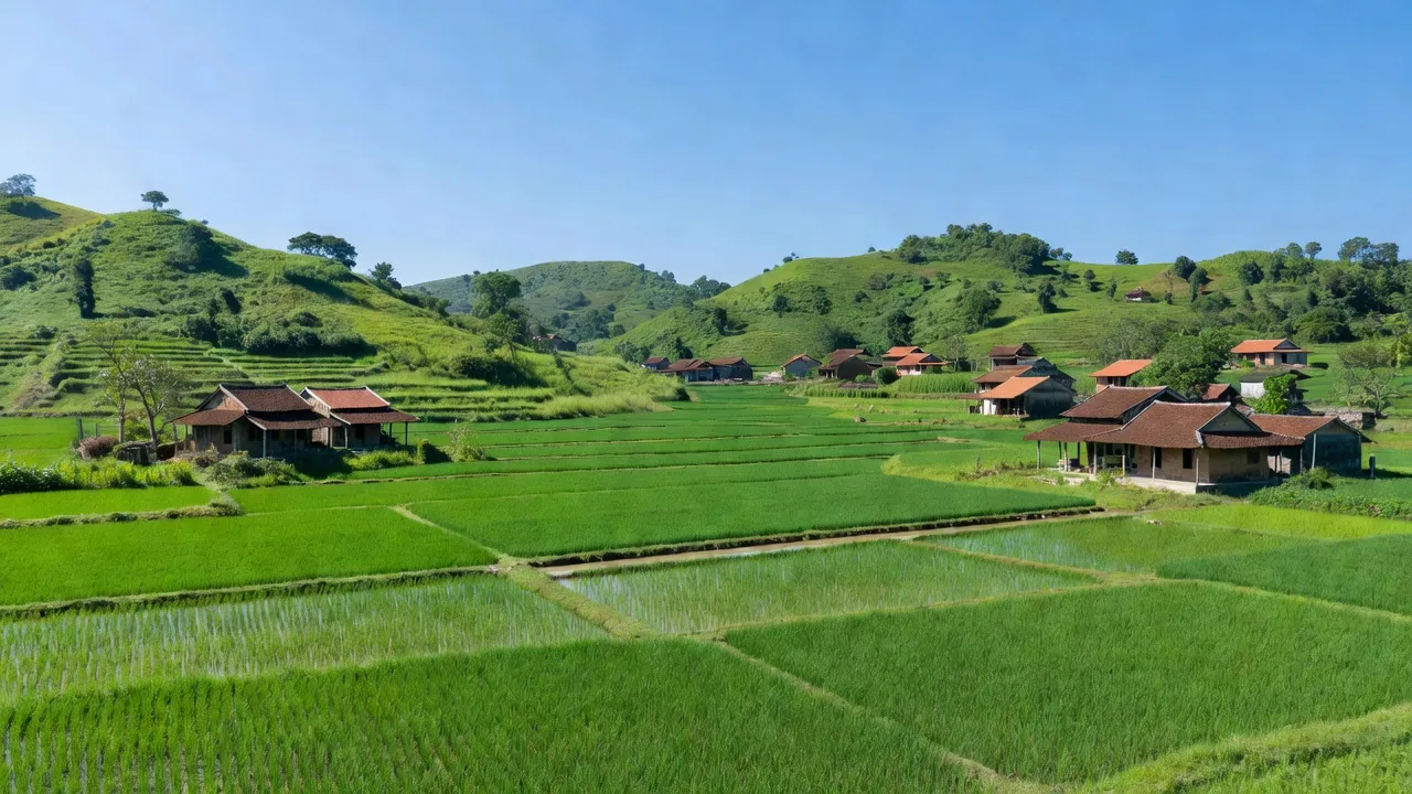Khung cảnh xã Tiến Hóa, huyện Tuyên Hóa, tỉnh Quảng Bình với cánh đồng xanh và đồi núi