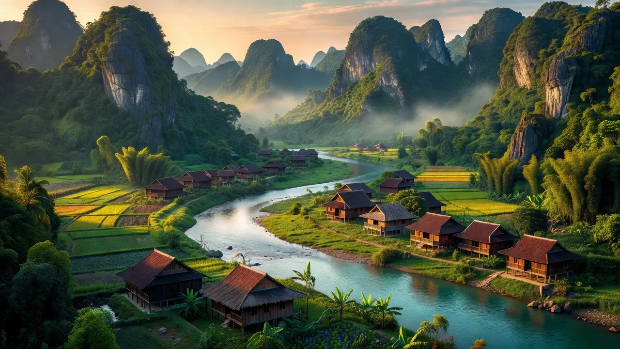 Khung cảnh xã Văn Hóa huyện Tuyên Hóa tỉnh Quảng Bình với núi xanh và sông.