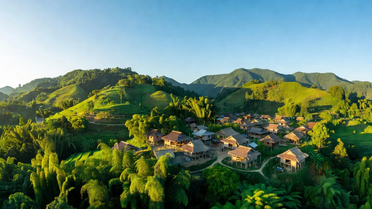 Khung cảnh huyện Bắc Trà My, Quảng Nam với núi non xanh mát và làng quê truyền thống.