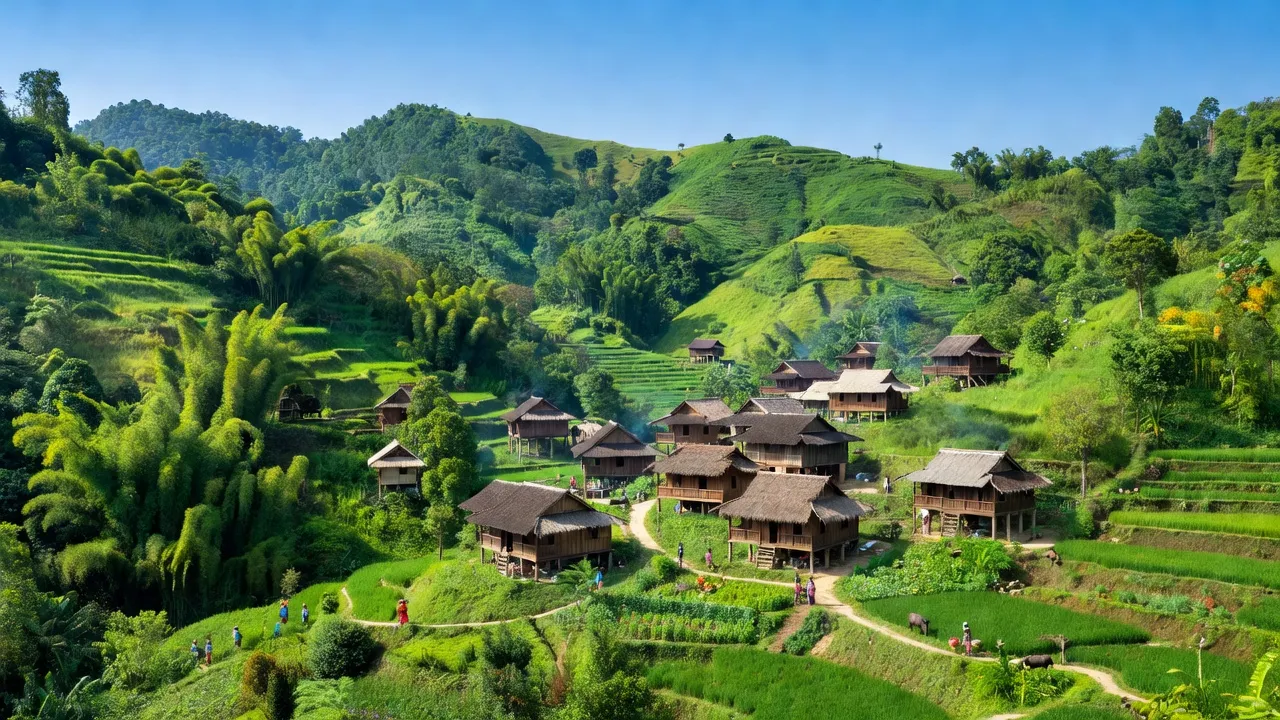 Khung cảnh đẹp tại Xã Trà Bui, huyện Bắc Trà My, Quảng Nam với núi non và bản làng.