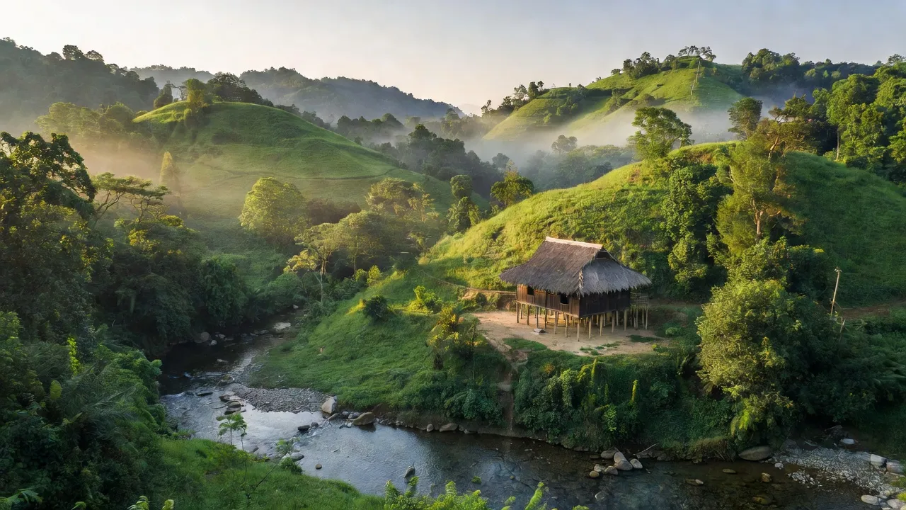 Khung cảnh thiên nhiên xã Trà Bui, huyện Bắc Trà My, tỉnh Quảng Nam với đồi xanh và suối trong.
