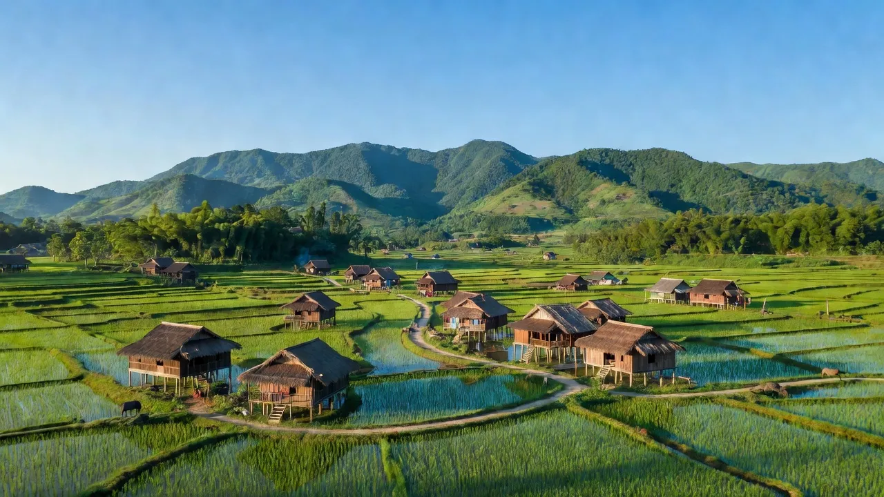 Khung cảnh yên bình của xã Trà Đốc, Bắc Trà My, Quảng Nam với núi xanh và ruộng lúa.