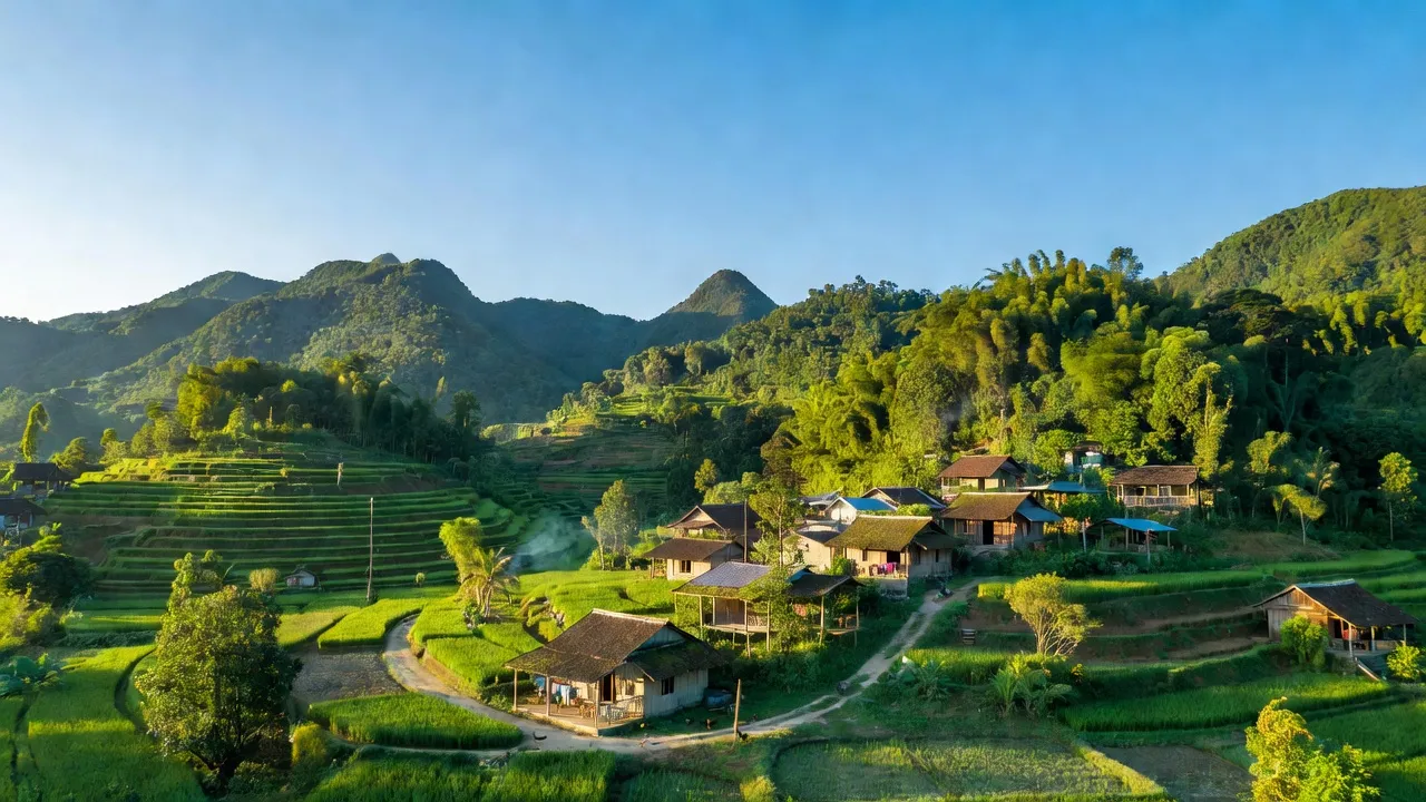 Xã Trà Đốc ở huyện Bắc Trà My, Quảng Nam với núi xanh và bầu trời trong xanh.