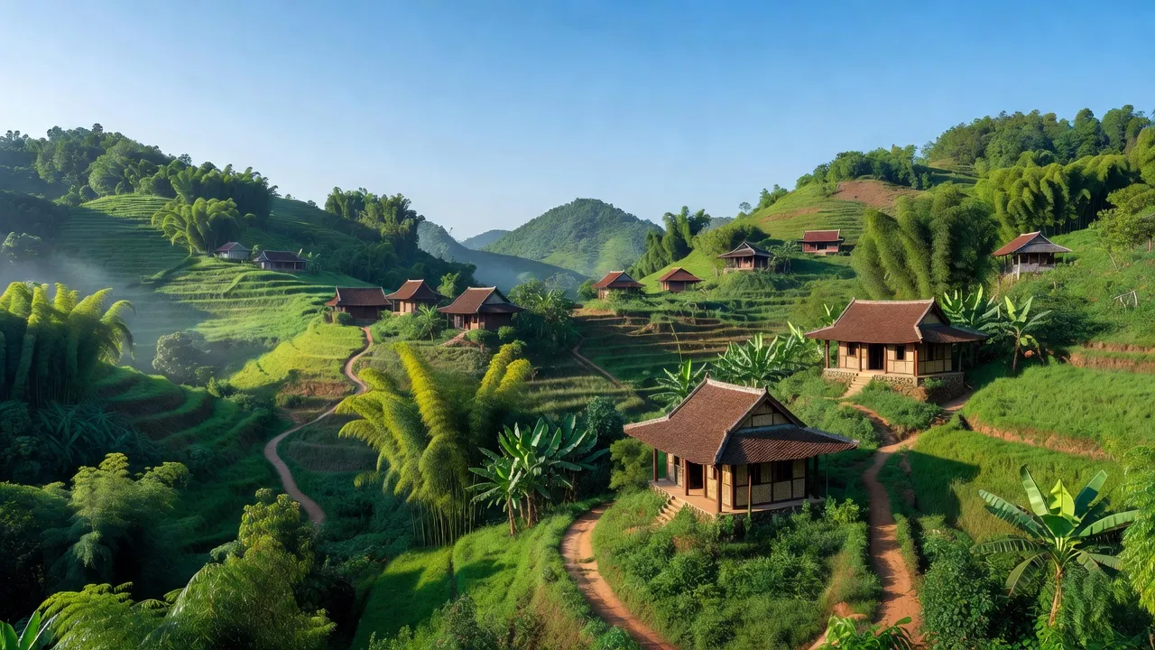 Cảnh quan xã Trà Đông, huyện Bắc Trà My, với đồi núi xanh tươi và nhà truyền thống.