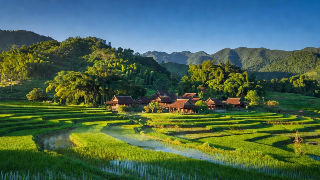 Cảnh quan xã Trà Dương, huyện Bắc Trà My, tỉnh Quảng Nam với núi xanh và ruộng lúa.