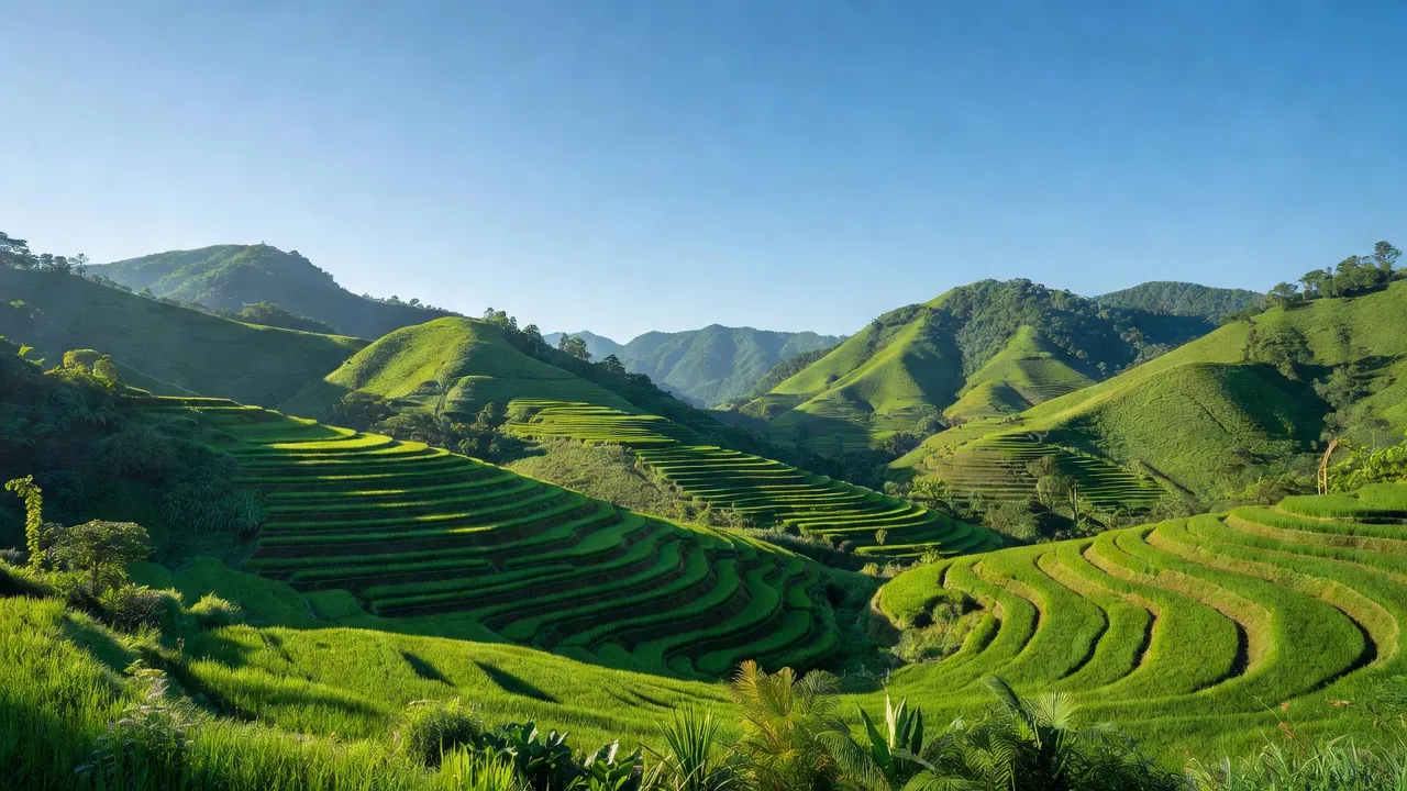 Phong cảnh xã Trà Dương, huyện Bắc Trà My, Quảng Nam với đồi xanh, ruộng bậc thang, bầu trời trong.
