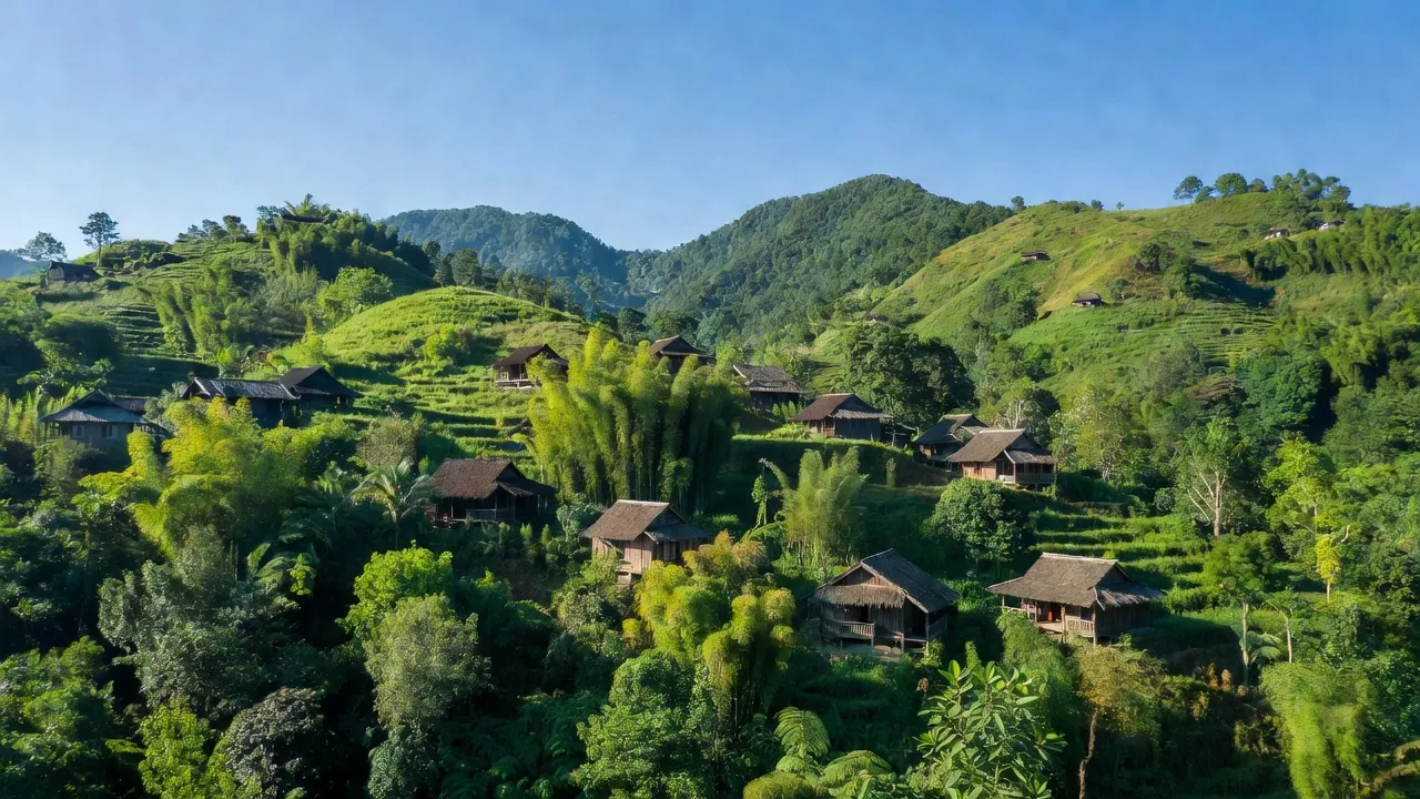 Khung cảnh Xã Trà Giác, huyện Bắc Trà My, Quảng Nam với đồi núi xanh mát, nhà gỗ truyền thống.