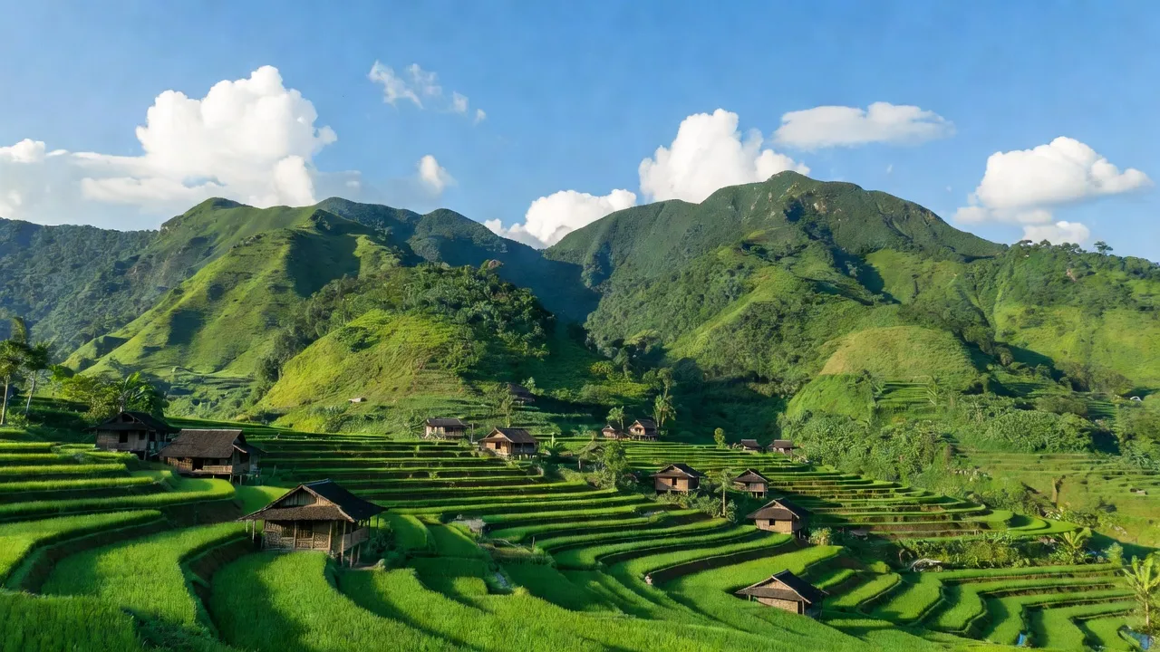 Khung cảnh yên bình ở xã Trà Giang, huyện Bắc Trà My, tỉnh Quảng Nam với núi và đồng ruộng.