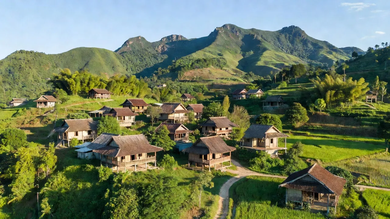 Trà Giang, Bắc Trà My, Quảng Nam: rugged mountains, lush vegetation, and traditional Vietnamese houses.