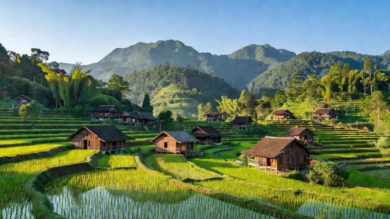 Khung cảnh đẹp ở Xã Trà Kót, Bắc Trà My, Quảng Nam với nhà gỗ và đồng ruộng xanh.