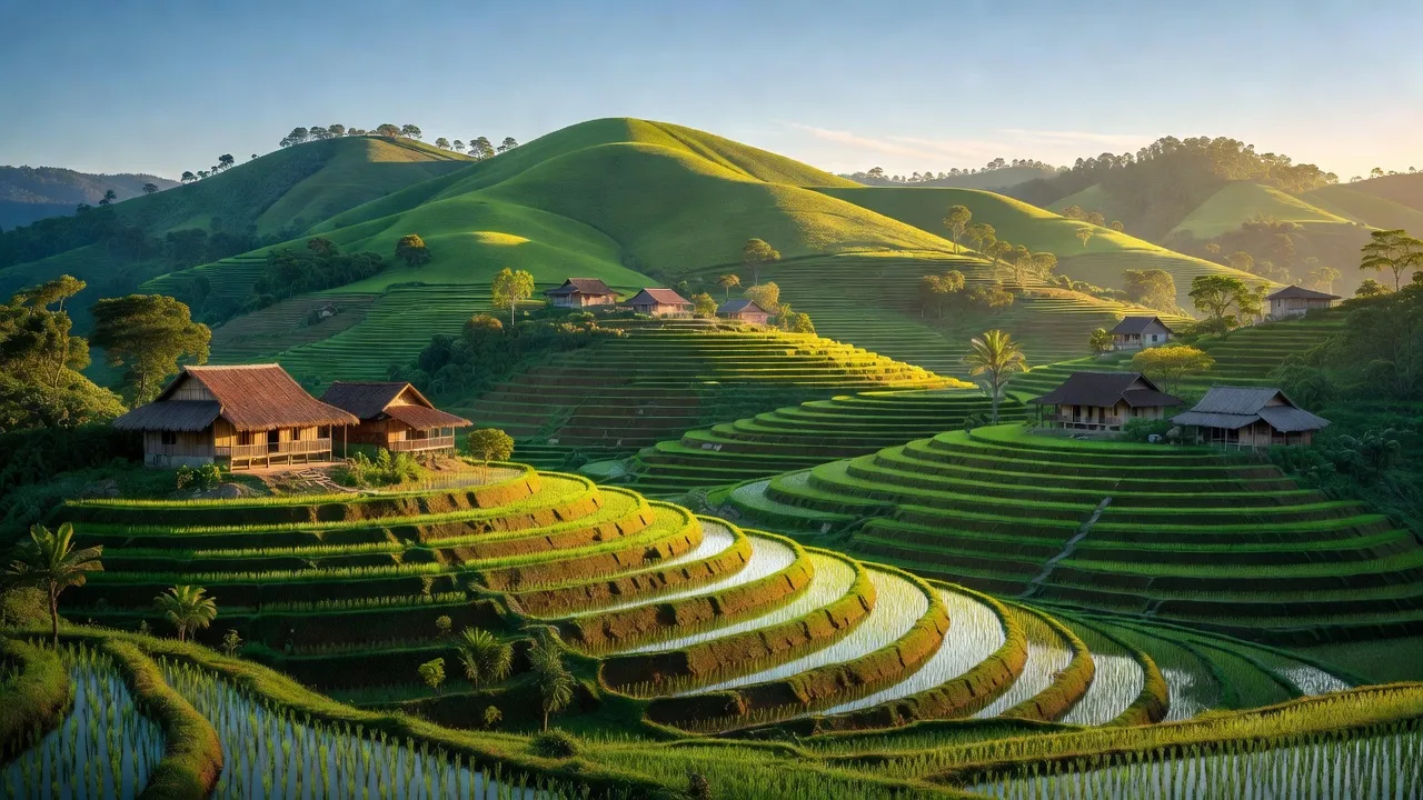 Phong cảnh xã Trà Nú, huyện Bắc Trà My, tỉnh Quảng Nam với đồi núi và ruộng bậc thang