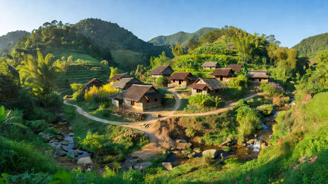 Cảnh quan Trà Sơn, Bắc Trà My với núi non xanh tươi và nhà truyền thống. Tranquil rural lifestyle.