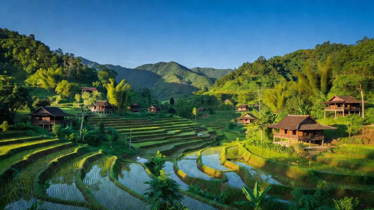 Khung cảnh thiên nhiên xã Trà Tân, huyện Bắc Trà My, tỉnh Quảng Nam với đồi núi xanh tươi.
