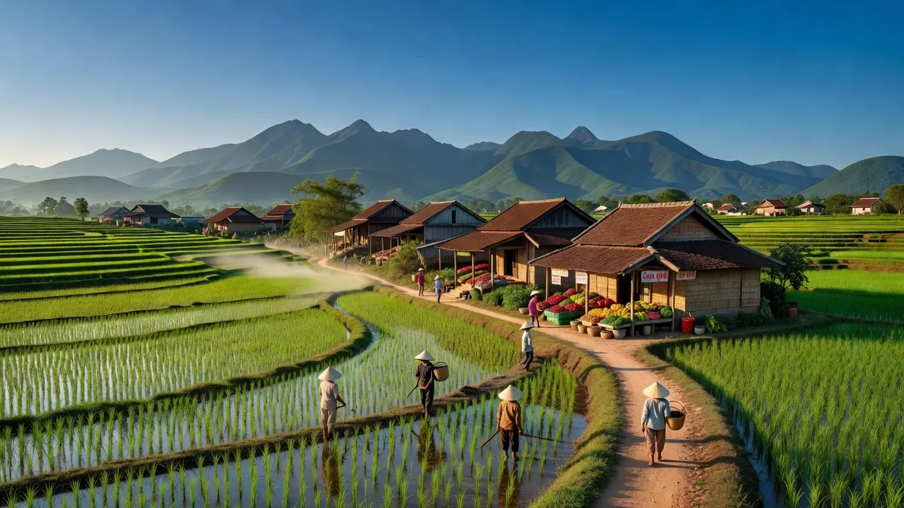 Khung cảnh huyện Đại Lộc, Quảng Nam với đồng ruộng xanh và núi non hùng vĩ.