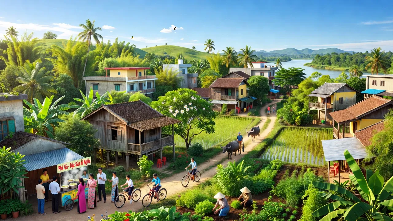Khung cảnh thị trấn Ái Nghĩa với cây cối xanh tươi và hoạt động sống động hàng ngày.