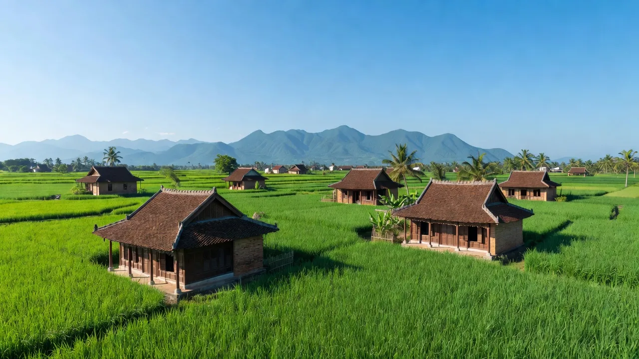 Cảnh đẹp Xã Đại An, Huyện Đại Lộc, Tỉnh Quảng Nam với cánh đồng xanh, nhà truyền thống và núi đồi.