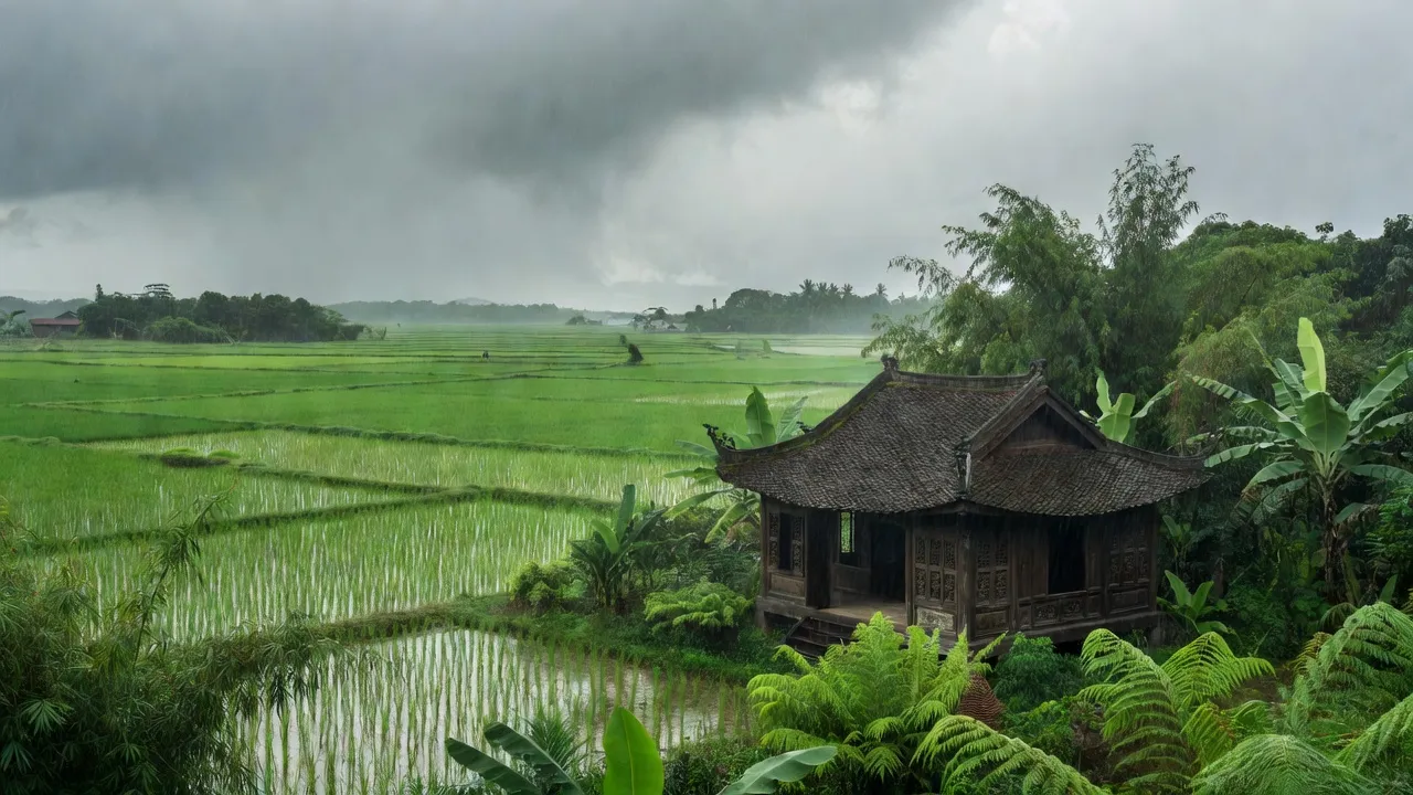 Khung cảnh yên bình tại xã Đại Chánh, huyện Đại Lộc, tỉnh Quảng Nam với cánh đồng lúa xanh.