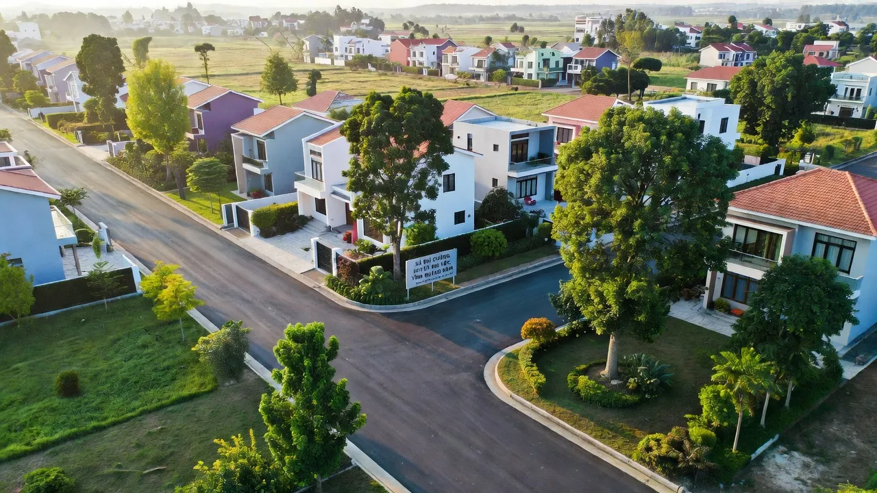 Cảnh quan xã Đại Cường, huyện Đại Lộc, Quảng Nam với nhà mới và cây xanh, thể hiện sự phát triển đô thị.