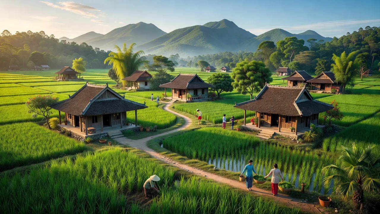 Cảnh đẹp xã Đại Hiệp, huyện Đại Lộc, tỉnh Quảng Nam với cánh đồng xanh và núi non hùng vĩ.