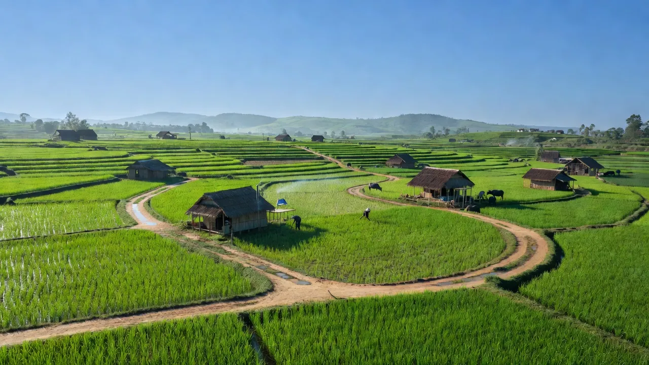 Khung cảnh Xã Đại Hòa, huyện Đại Lộc, Quảng Nam với cây lúa xanh mướt và nhà truyền thống.