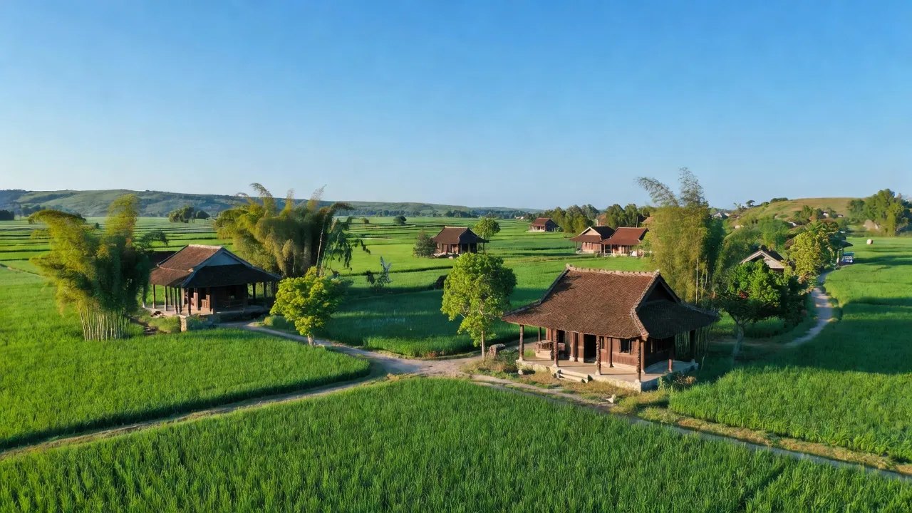 Khung cảnh xã Đại Hòa, huyện Đại Lộc, Quảng Nam, với đồng xanh và nhà truyền thống.