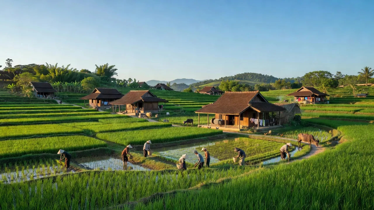 Cảnh làng Đại Hưng, huyện Đại Lộc, Quảng Nam với cánh đồng xanh mướt và nhà truyền thống.