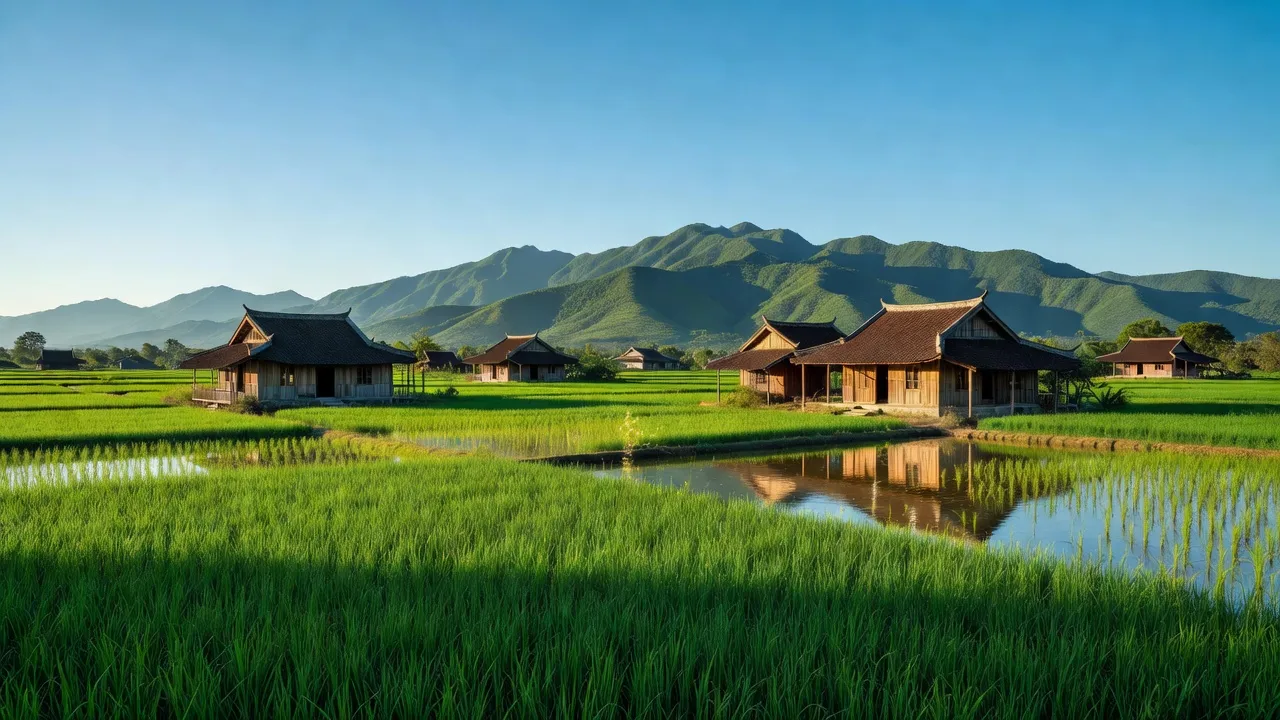 Khung cảnh yên bình Xã Đại Hưng, huyện Đại Lộc, Quảng Nam với đồng xanh và nhà truyền thống.