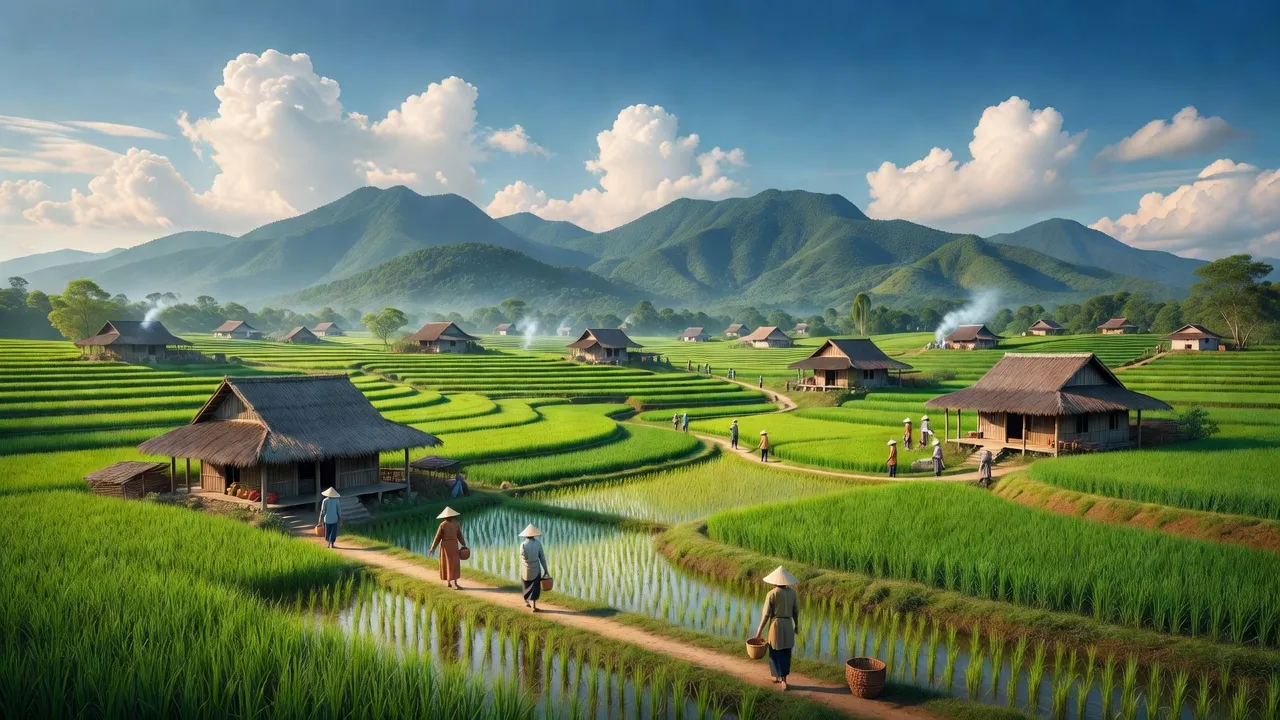 Khung cảnh xã Đại Lãnh, Huyện Đại Lộc, Tỉnh Quảng Nam với cánh đồng xanh và nhà truyền thống.