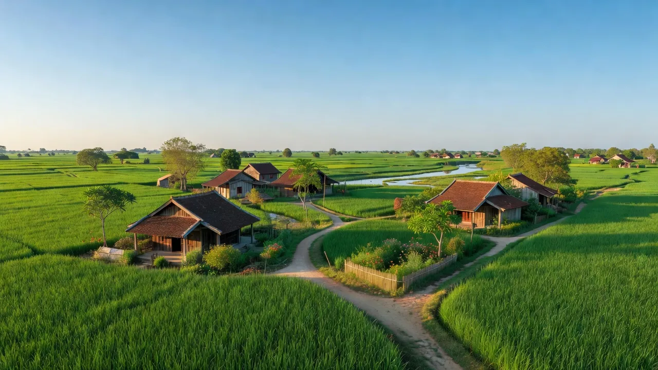 Khung cảnh yên bình ở xã Đại Minh, huyện Đại Lộc, tỉnh Quảng Nam với cánh đồng xanh và nhà truyền thống.